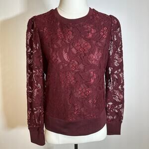 NWT Worthington Autumn Burgundy Lace Eyelet Long Sleeve Blouse Womens Size Small